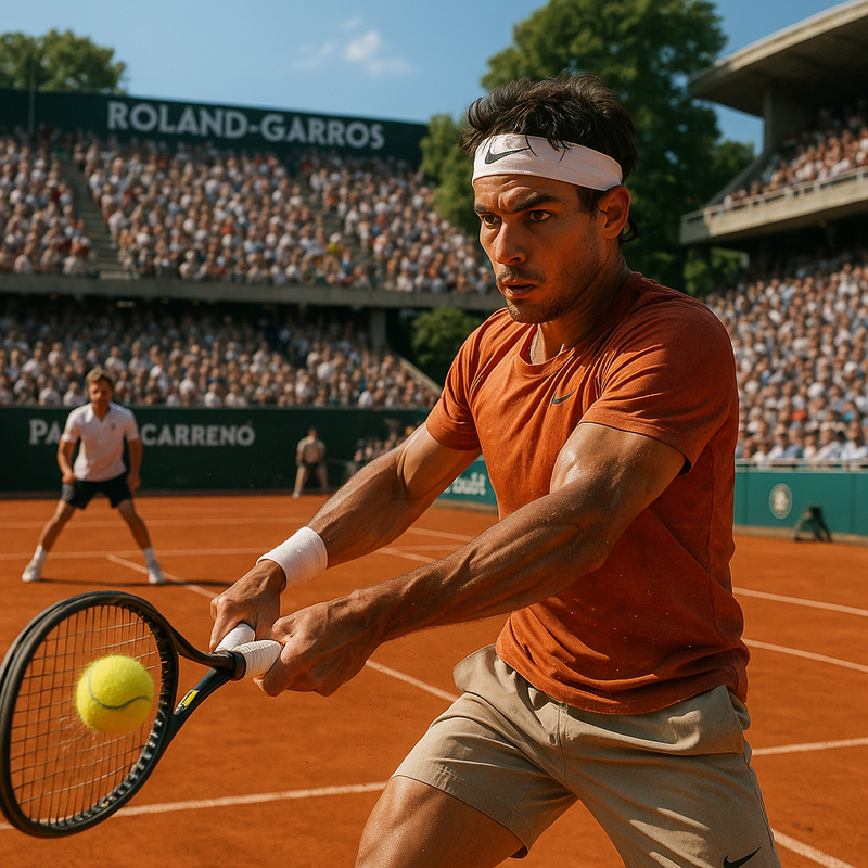 Tenista golpeando revés en Roland Garros