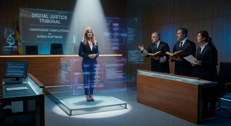 Tribunal digital con hologramas y jueces