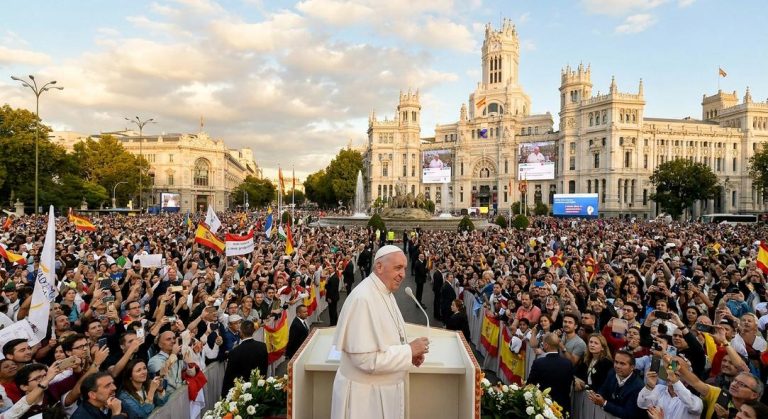 Líder religioso ante multitud en plaza madrileña